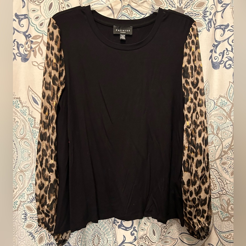 Premise Black and Brown Long Sleeve Blouse w/ sheer leopard sleeves